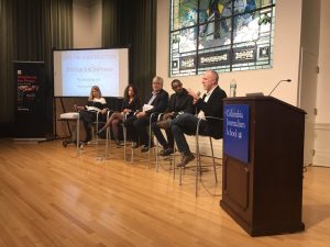 Columbia Journalism School panel discussion, April 25, 2017: (L-R) Elana Beiser, Committee to Project Journalists; Syrian writer and civil rights activist Loubna Mrie; Associate Press editor John Daniszewski; Ethiopian human rights activist and legal scholar Zelalem Kibret; and Alan Huffman, speaking as editor of the annual compendium Attacks on the Press.